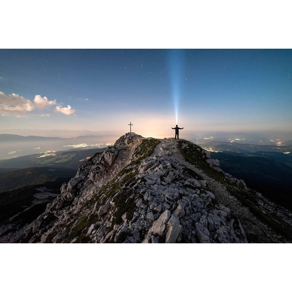Wall Art Impressions 35x24in Photographic Print Poster Mountains Man Cross Stars Starry sky Universe