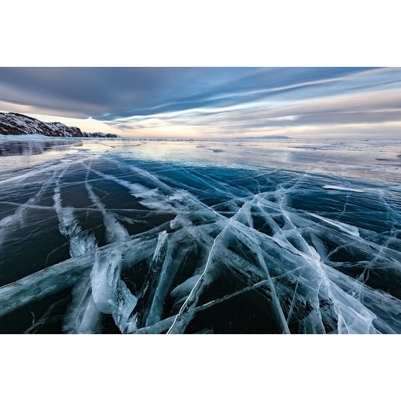Wall Art Impressions 35x24in Transparent black ice of Baikal lake near Olkhon island 【Photo Paper】