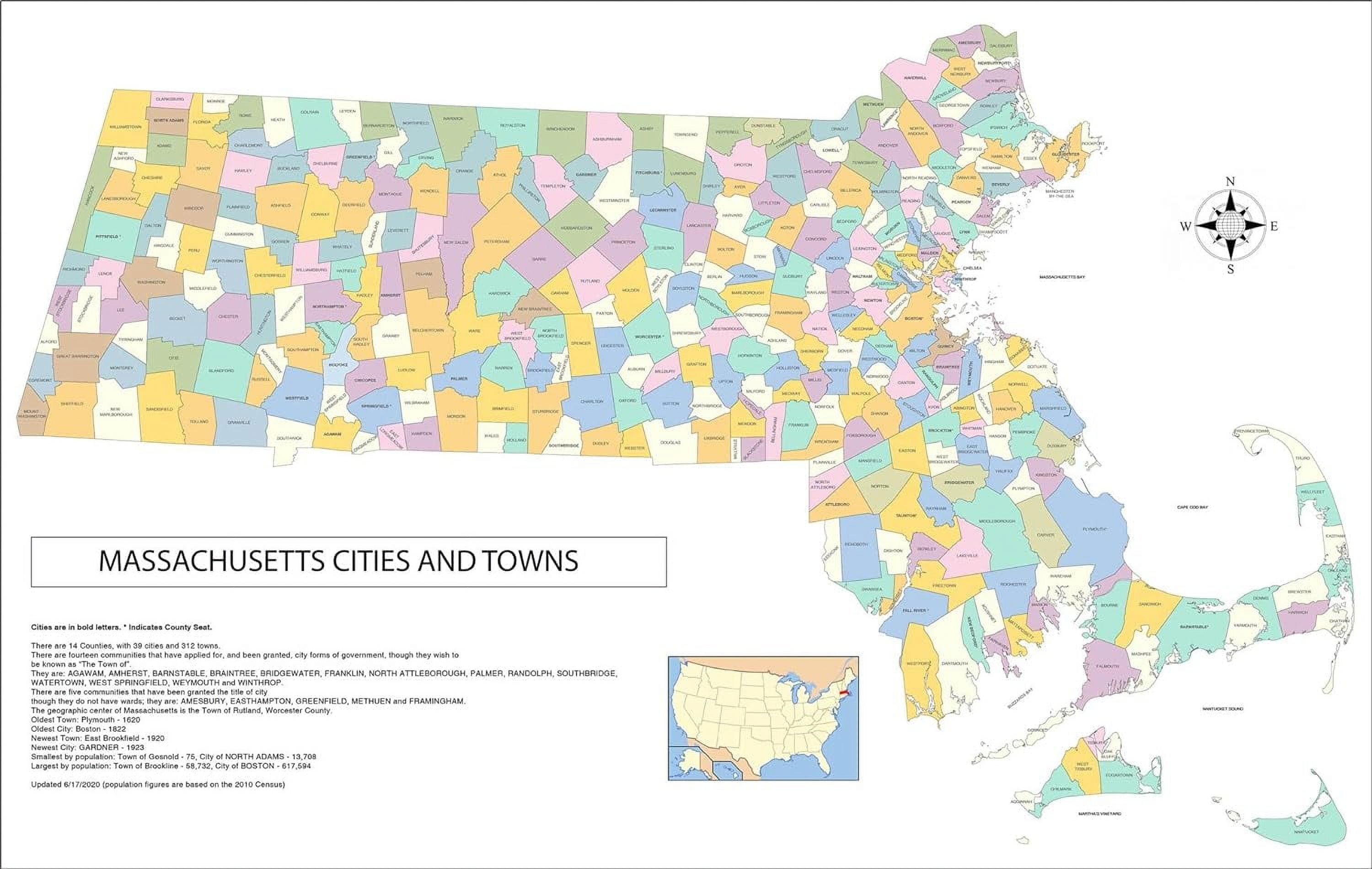 Wall Art Impressions 36"x24" Map of Massachusetts Cities, Towns and County Seats【Coated Paper】
