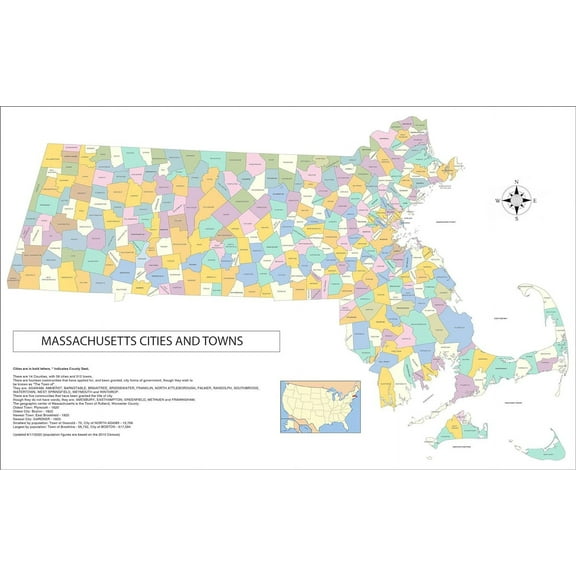 Wall Art Impressions 36"x24" Map of Massachusetts Cities, Towns and County Seats【Laminated】