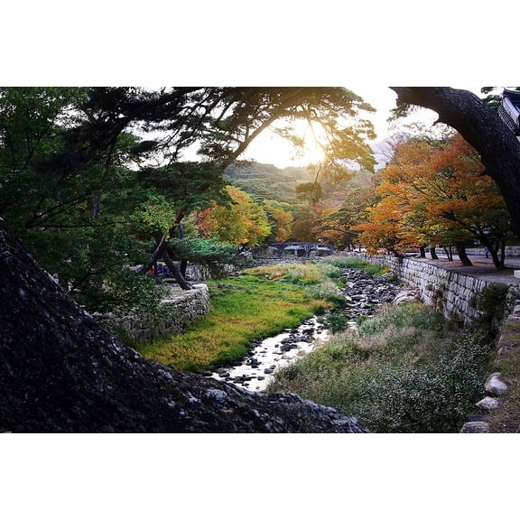 Wall Art Impressions 36x24in Photographic Print Poster Beomeosa temple Creek Nature Glow Autumn leaves