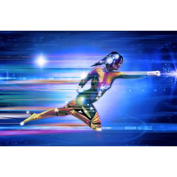 Wall Art Impressions 36x24in Photographic Print Poster Superhero Girl Speed Runner Running Lights Space
