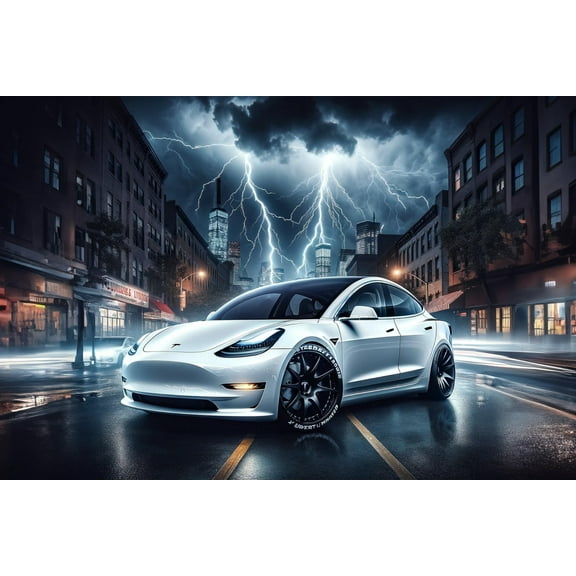 Wall Art Impressions 36x24in Poster Tesla Model 3 with black Uberturbine rims night sky with lightnin