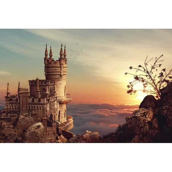 Wall Art Impressions 36x24in Rolled Canvas Castle Towers Sunset Clouds Mountains Fantasy Sky