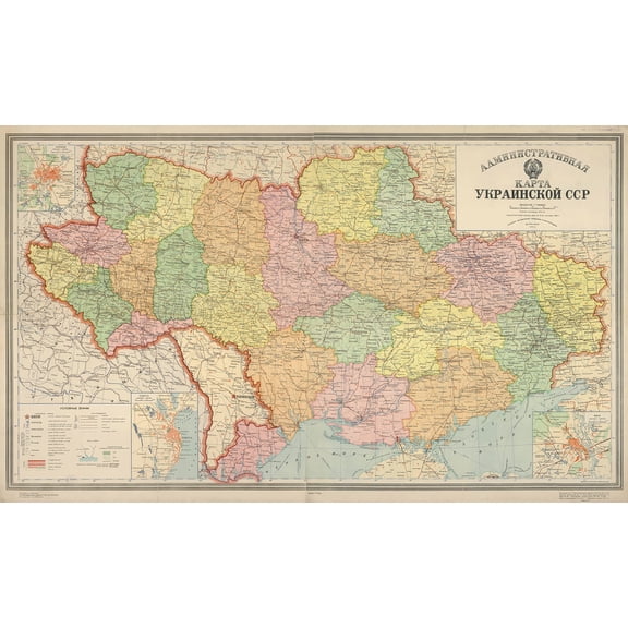 Wall Art Impressions 39x24in Administrative Map of Ukrainian SSR 1940-1941 RU [Laminated]