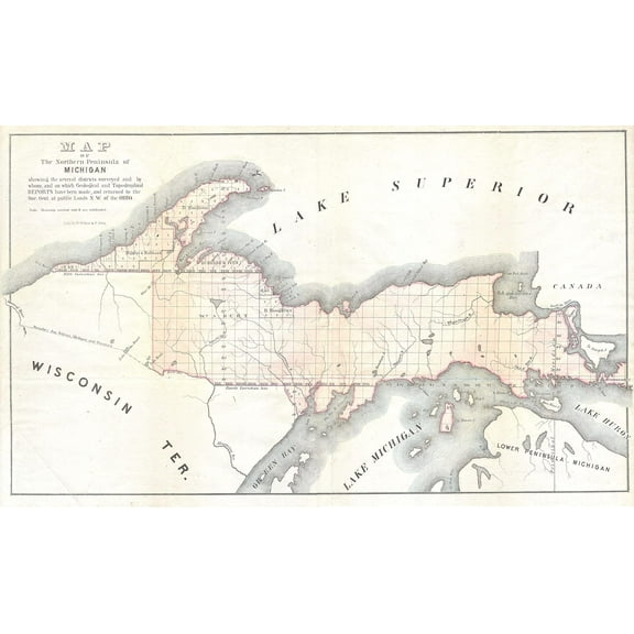 Wall Art Impressions 39x24in Laminated 1849 Land Survey Map of Michigan Upper Peninsula