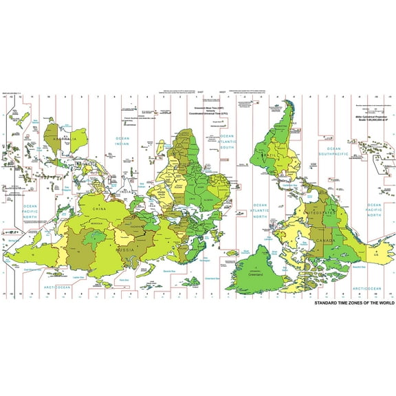 Wall Art Impressions 44x24in Upside down World Map of Standard Time Zones 【Plain Paper】