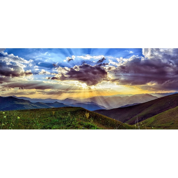 Wall Art Impressions 52x24in Photographic Print Poster Sunset Dawn Nature Mountains Landscape Grass
