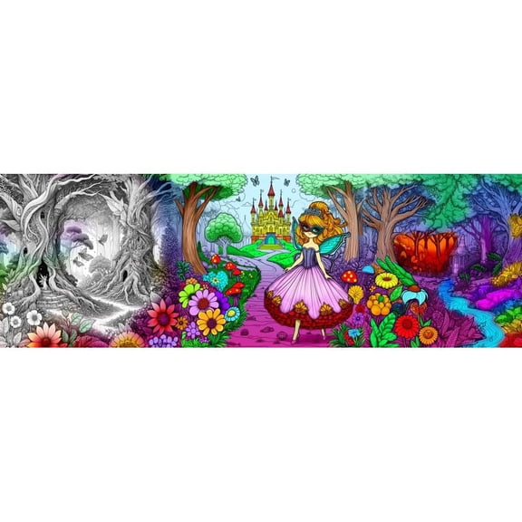 Wall Art Impressions Creative Exploration Coloring Giant Posters 20"x65" Enchanted Masquerade: A Fairy's Journey, fairy forest. Fairy clad in an elegant ball gown.