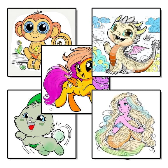 Wall Art Impressions Creative Exploration Coloring Posters. Five Pack. Animals Coloring Experience for Kids. Monkey, Dragon, Mermaid, Pony, Bunny 20"x20" Each