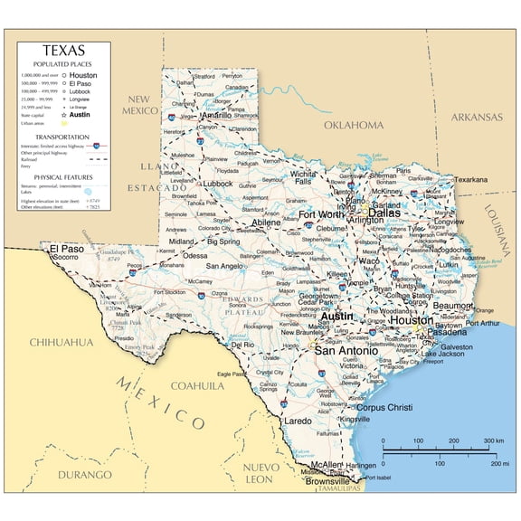 Wall Art Impressions Texas Detailed Map with Boundaries, State Capital Austin, Coated Paper, 26x24