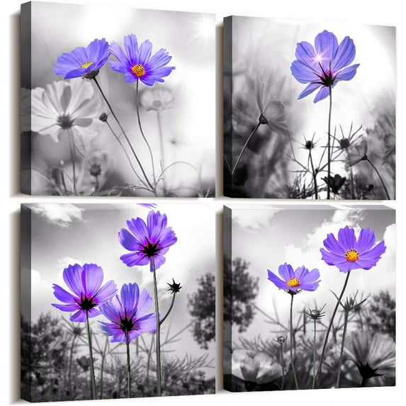 Canvas wall art for bedroom Black and white landscape purple flowers bathroom wall Decor for kitchen Artwork 12" x 12" 4 Pieces Framed Canvas Prints Ready to Hang Home Decorations for living room