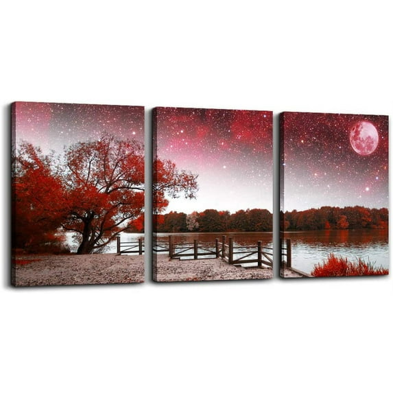 Wall Art For Living Room Canvas Prints Bedroom Wall Decor For Bathroom Artwork Abstract Painting Red Tree Moon Landscape Paintings 12" X 16" 3 Pieces Modern Framed Office Home Decorations For Kitchen