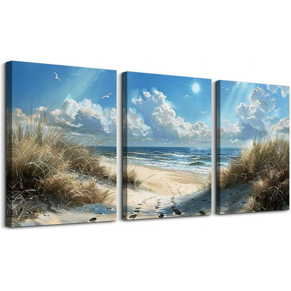 Wall Art For Living Room Canvas Wall Decor For Bedroom Bathroom Decorations Blue Ocean Beach Wall Painting Sea Wave Wall Pictures Artwork for office Modern Home Decor Ready To Hang 3 Piece