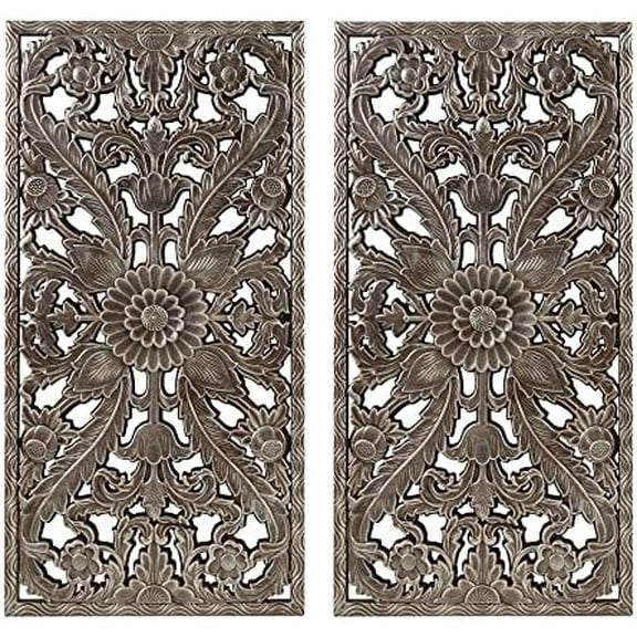 Wall Art Living Room Décor - Floral Antiqued Wooden Carving Wall Decor Panel, Silver Embellished, Ready to Hang Wall Decor for Bedroom, 15.75"W x 31.5"L x 0.59"D, Bronze, 2 Piece