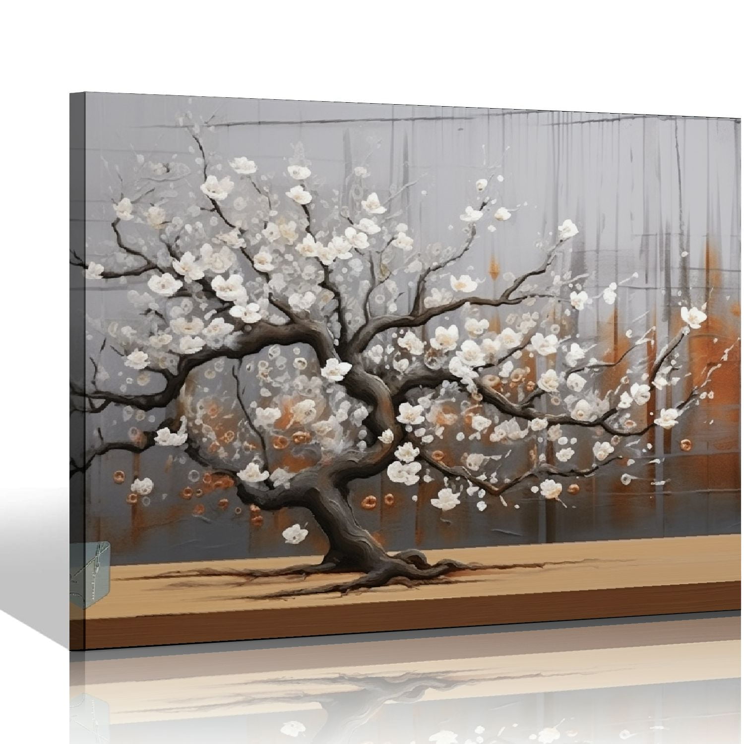 KLAKLA White Flower On Brown Canvas Wall Art - Plum Blossom Painting For Living Room Decor