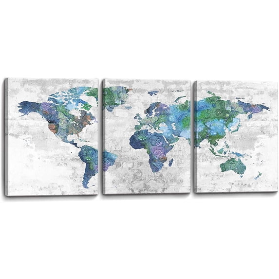 Wall Art for Living Room World Map Prints Pictures Framed Canvas Artwork Wall Decor for Bedroom Office Kitchen Modern Home Decorations Size 12x16 inch x 3 Panel Ready to Hang World Map Decorations
