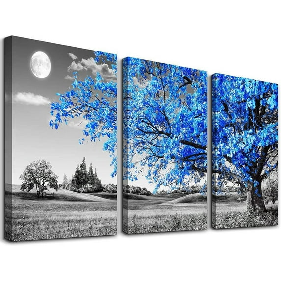 Wall Art For Living Room black and white Blue tree moon Canvas Wall Decor for Home artwork Painting 12" x 16" 3 Pieces Canvas Print For bedroom Decor Modern Salon kitchen office Hang a picture