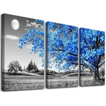 Wall Art For Living Room black and white Blue tree moon Canvas Wall Decor for Home artwork huge Painting 16" x 24" 3 Pieces Canvas Print For bedroom Decor Modern Salon kitchen office Hang a picture