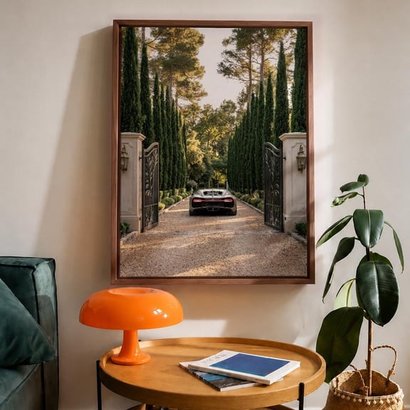 Wall Art Luxury Car Driveway Cypress Tree Landscape Decor, Unframed Paper Print