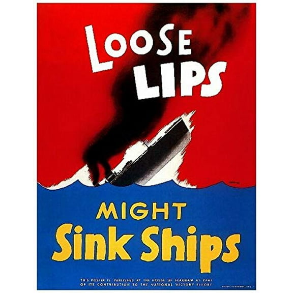 Wall Art Metal Hanging Sign 1944 Loose Lips WWII American Patriotic Wartime Advertisement Print Vintage Wall Decor Plate Tin Sign for Home Door Room Size: 12 x 16 inch