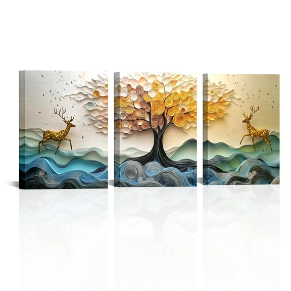 Wall Art Modern Artwork Deer Moose Couple With Tree of Life Cartoon Wall Decor Large Canvas Painting for Living Room Bedroom Dining Room Home Office Decor