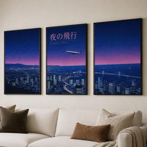 Wall Art, Night Flight Cityscape Triptych, Urban Skyline Airplane Decor, Blue Poster, Set 2, Poster Only