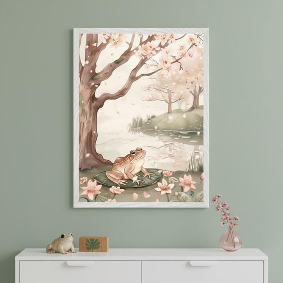 Wall Art Of Frog Sitting On A Lily Pad Cherry Blossom Nursery Unframed Paper Print