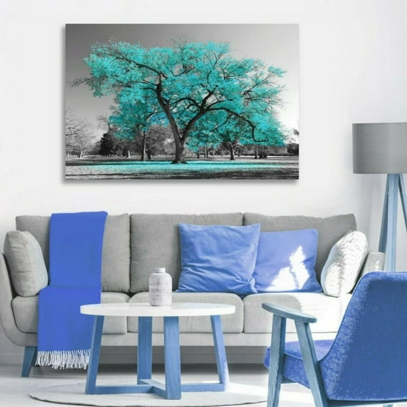 Wall Art Painting Contemporary Blue Tree in Black and White Style Fall Landscape Picture Modern Giclee Stretched Artwork