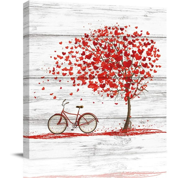 Wall Art Paintings on Canvas Print Valentine''s Day Red Love Heart Bicycle on Rustic Wooden Grain Artwork Home Decoration Living Room Bedroom Bathroom Walls Decor,Wood Framed Ready to Hang 12x12in