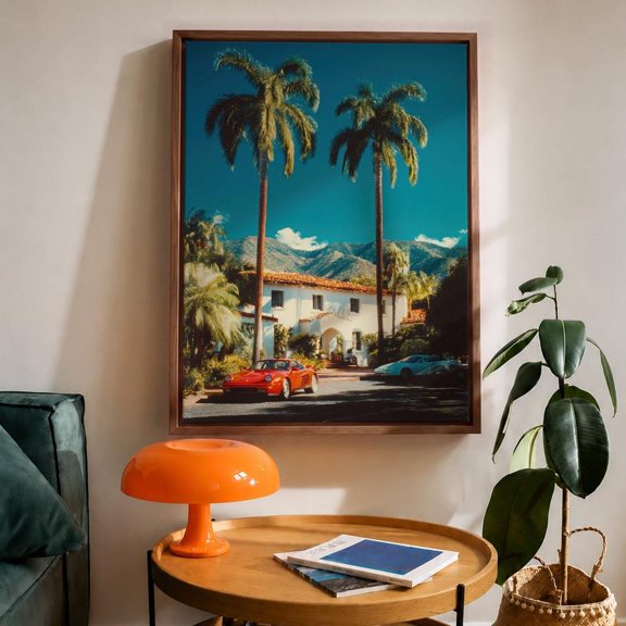 Wall Art Palm Trees California Villa Retro Car Landscape, Unframed Paper Print