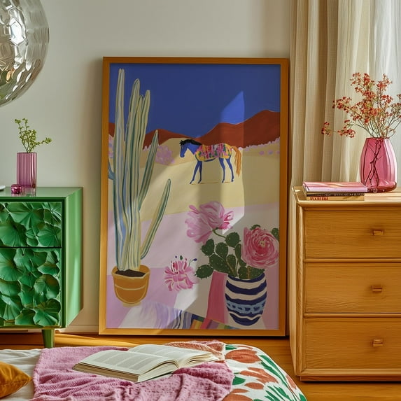 Wall Art, Pink Cowgirl Wall Art, Horse Art, Mountain Scenery, Floral Cactus Print, Beige Decor, Western Bedroom Decor, Rustic Home Decor Wall Art, Modern Wall Decor For Living Room, 16x24 UNFRAMED