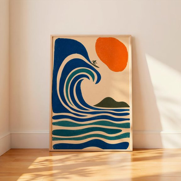 Wall Art Poster Abstract Surf Wave Minimal Coastal Retro Ocean Print Modern Nautical Beach Decor