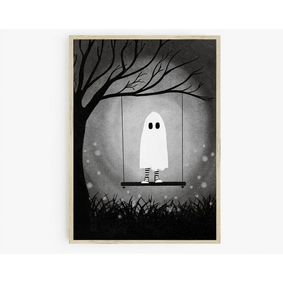 Wall Art Print Black And White, Sheet Ghost Print, Cute Ghost On Swing, Ghost Illustration Wall Art, Modern Wall Decor, 8x12 UNFRAMED