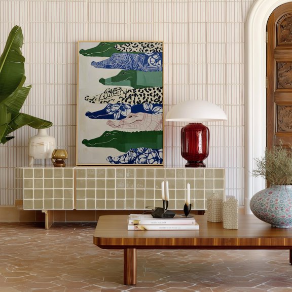 Wall Art Print, Japandi Alligator Wall Art, Green Blue Animal Artwork, Bold Patterned Art Decor | Modern Wildlife Illustration for Japandi, Eclectic & Contemporary Interiors Canvas Print