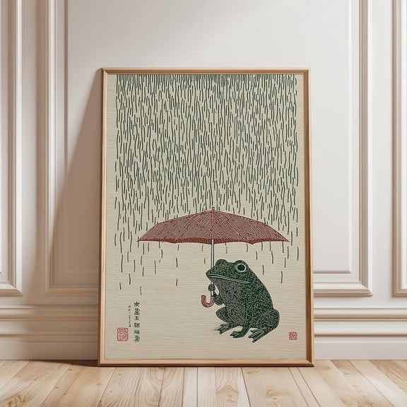 Wall Art Print Japanese Woodblock Style Vintage Frog with Leaf Umbrella Poster for Living Room Bedroom Decor Unframed 12x18