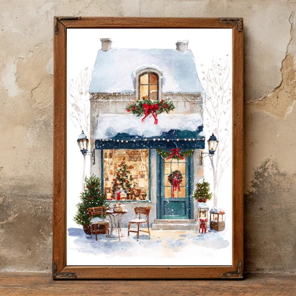 Wall Art Print, Shop Illustration, Vintage Winter Townhouse Decor, Festive City Scene, Poster Decor, Unframed Poster Size 8x12 F03.1.22l929