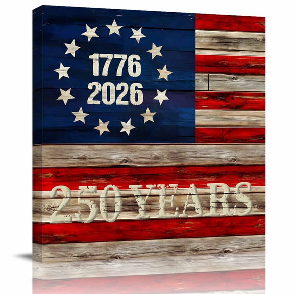 Wall Art Prints, 250 Year American Anniversary Flag Framed Canvas Prints for Bedroom Living Room Bathroom Office, Vintage Blue Red Wooden Gallery Wrap Wall Art Poster for Gifts Home Decor 8"x8"