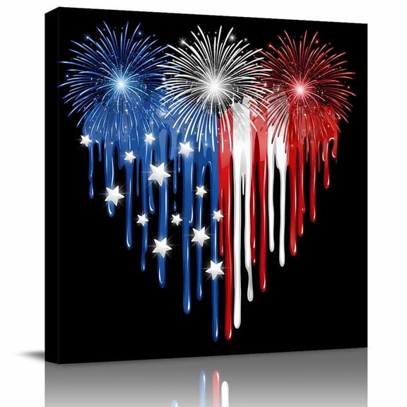 Wall Art Prints, 4th of July Framed Canvas Prints for Bedroom Living Room Bathroom Office, Independence Day Red Blue Fireworks Love Heart Gallery Wrap Wall Art Poster for Gifts Home Decor 8"x8"