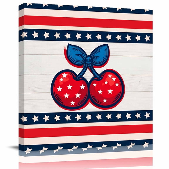 Wall Art Prints, 4th of July Framed Canvas Prints for Bedroom Living Room Bathroom Office, Watercolor Cherry Patriotic Red Blue Stripe Gallery Wrap Wall Art Poster for Gifts Home Decor 28"x28"