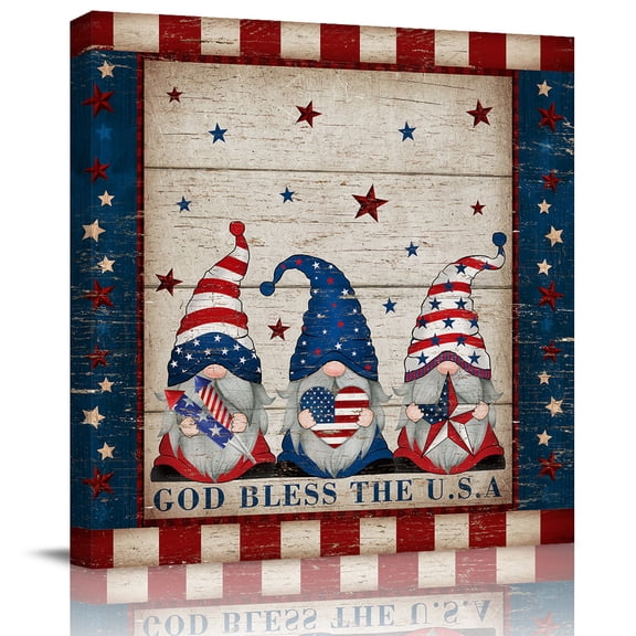 Wall Art Prints, 4th of July Gnomes Framed Canvas Prints for Bedroom Living Room Bathroom Office, Independence Day Dwarf American Flag Star Gallery Wrap Wall Art Poster for Gifts Home Decor 8"x8"