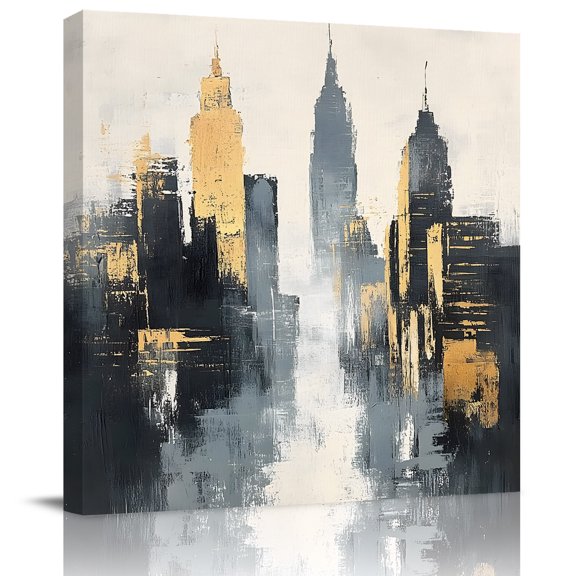 Wall Art Prints, Abstract City Framed Canvas Prints for Bedroom Living Room Bathroom Office, Retro Chic Abstract Building Oil Painting Gallery Wrap Wall Art Poster for Gifts Home Decor 16"x16"