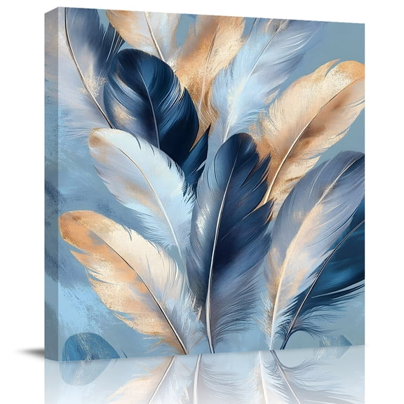 Wall Art Prints, Abstract Feather Framed Canvas Prints for Bedroom Living Room Bathroom Office, Modern Gold Blue Graffiti Painting Art Gallery Wrap Wall Art Poster for Gifts Home Decor 20"x20"