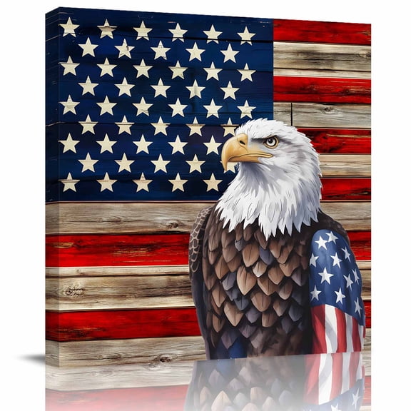 Wall Art Prints, American Flag Framed Canvas Prints for Bedroom Living Room Bathroom Office, Vintage Eagle Blue Red USA Flag Gallery Wrap Wall Art Poster for Gifts Home Decor 8"x8"