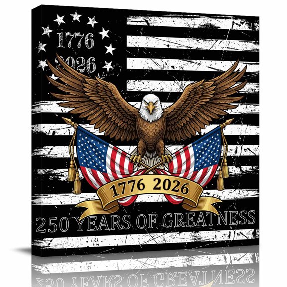 Wall Art Prints, Anniversary USA Flag Framed Canvas Prints for Bedroom Living Room Bathroom Office, Black American Flag Eagle Gallery Wrap Wall Art Poster for Gifts Home Decor 8"x8"