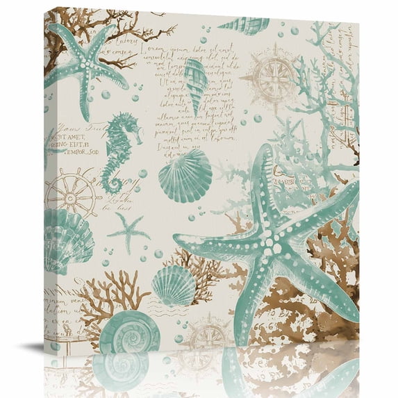 Wall Art Prints, Aqua Coastal Starfish Framed Canvas Prints for Bedroom Living Room Bathroom Office, Farmhouse Nautical Seahorse Coral Gallery Wrap Wall Art Poster for Gifts Home Decor 8"x8"