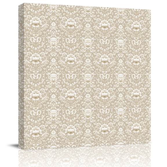 Wall Art Prints, Beige Damask Framed Canvas Prints for Bedroom Living Room Bathroom Office, Vintage Country Scroll Floral Patterned Gallery Wrap Wall Art Poster for Gifts Home Decor 8"x8"