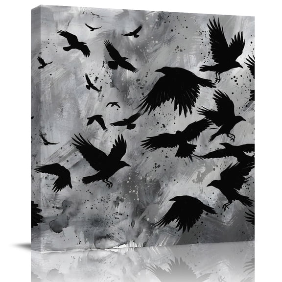 Wall Art Prints, Black Crow Birds Framed Canvas Prints for Bedroom Living Room Bathroom Office, Abstract Spooky Grey Sky Wings Gallery Wrap Wall Art Poster for Gifts Home Decor 8"x8"