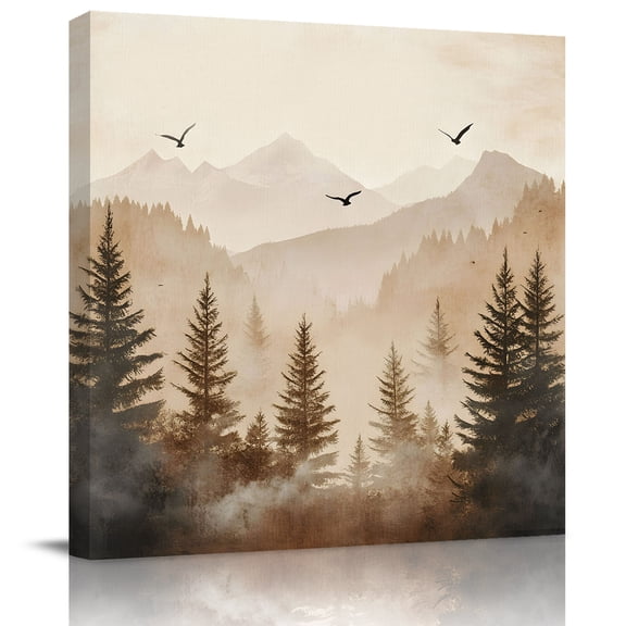 Wall Art Prints, Black Forest Framed Canvas Prints for Bedroom Living Room Bathroom Office, Silhouettes Foggy Grey Pine Tree Cabin Birds Gallery Wrap Wall Art Poster for Gifts Home Decor 8"x8"