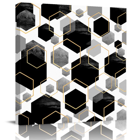 Wall Art Prints, Black Grey Framed Canvas Prints for Bedroom Living Room Bathroom Office, Geometric Gold White Hexagon Modern Gallery Wrap Wall Art Poster for Gifts Home Decor 28"x28"